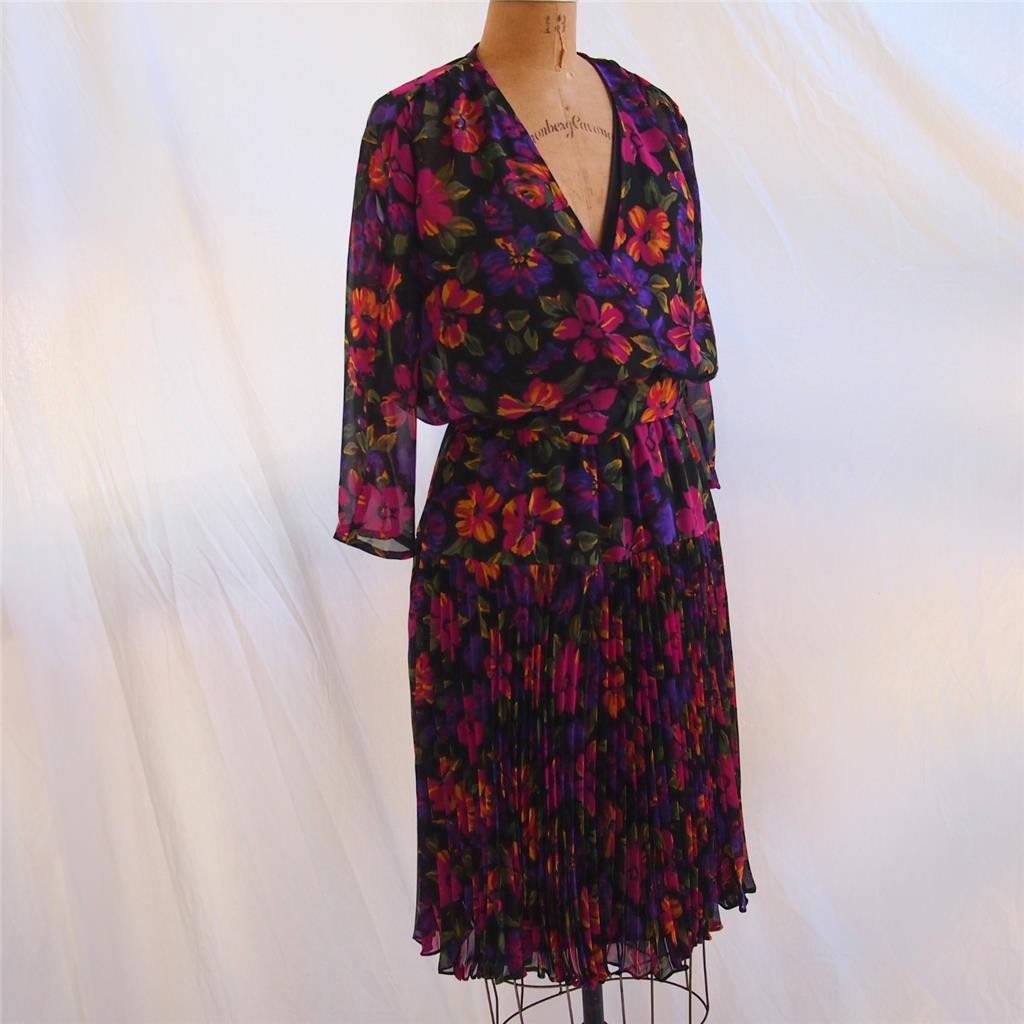 Vintage 80s PHOEBE Floral Pleated Elastic Waist Belted Dress Secretary USA 10