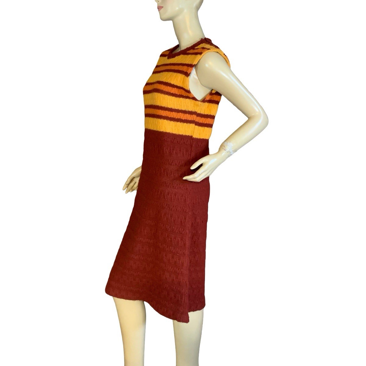 VINTAGE CIRCA 1970’S BEELINE YELLOW & BROWN CABLE KNIT SWEATER DRESS SIZE APPX L