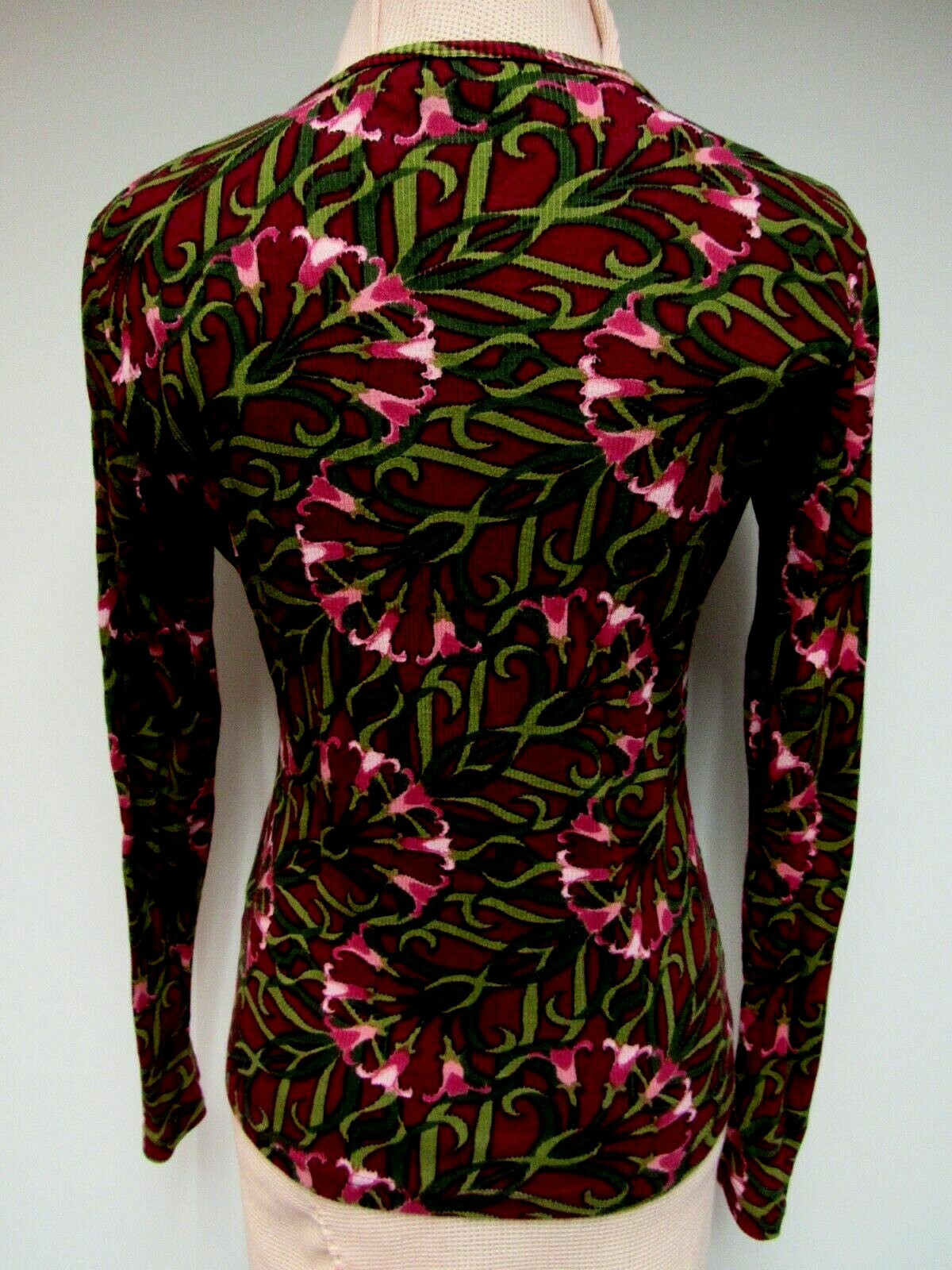 VTG ST JOHNS BAY Stretch Cotton Knit Top Lily Floral Red Wine Burgundy Pink M EU