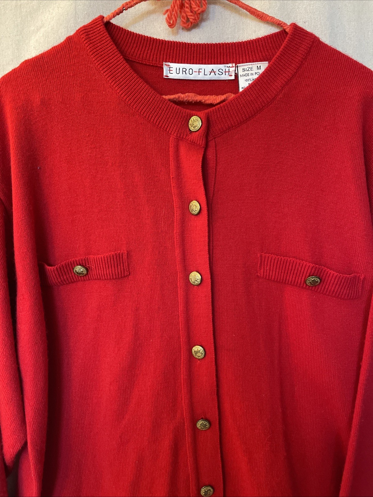 VTG 90s Cardigan Made In Poland Euro Flash Size M Red With Gold Buttons Classic