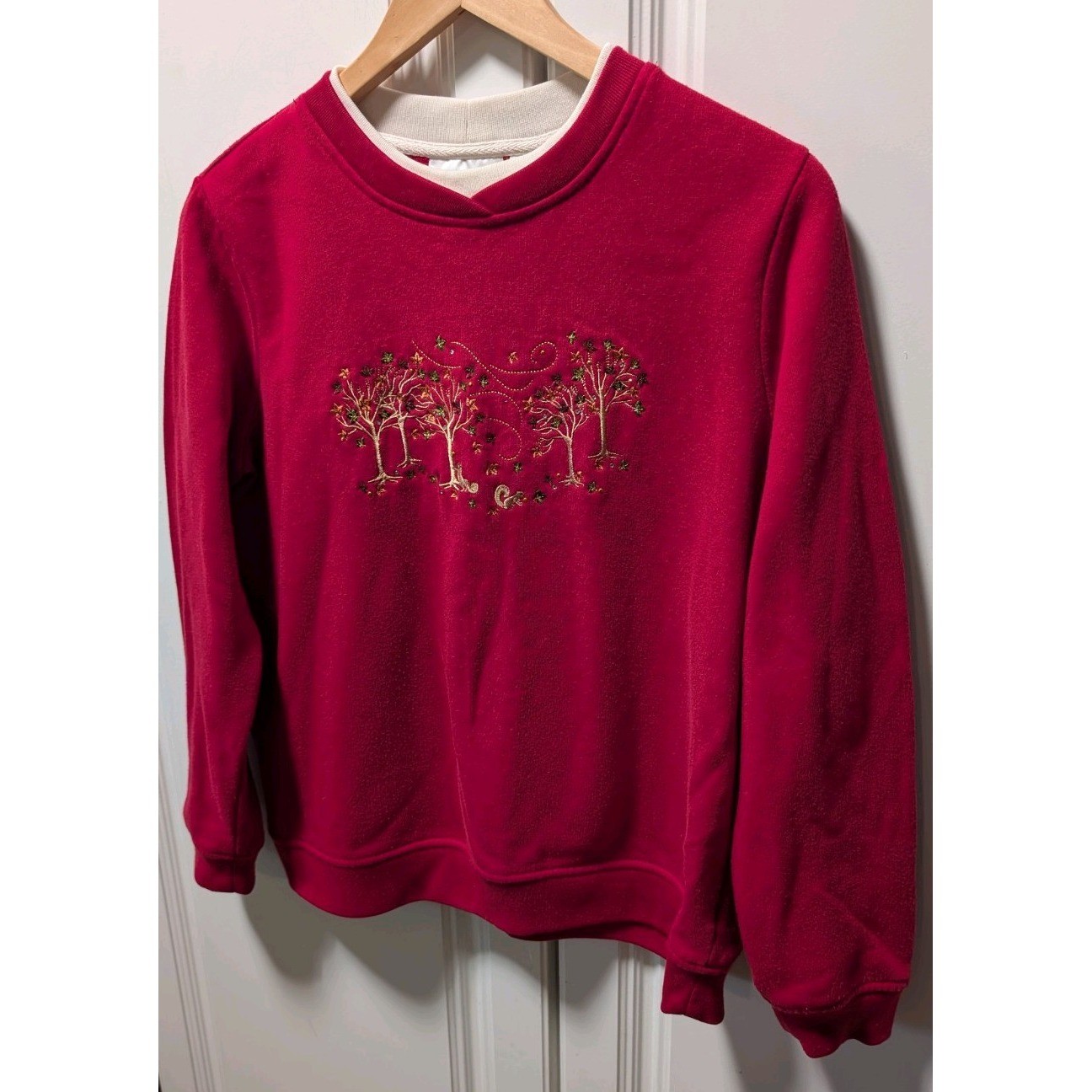 VTG Studio Works Womens Petite LG Red Fall Crew Neck Pullover Embroidery Leaves