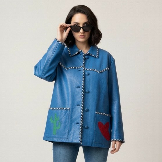Vintage 80s Hannah Pang Blue Patchwork Leather Southwestern Jacket – M/L