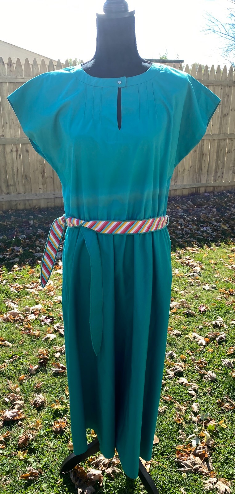 Vintage F.S.A. Collection Teal A-Line Dress Multi Color Belt Tie Strap Size 18