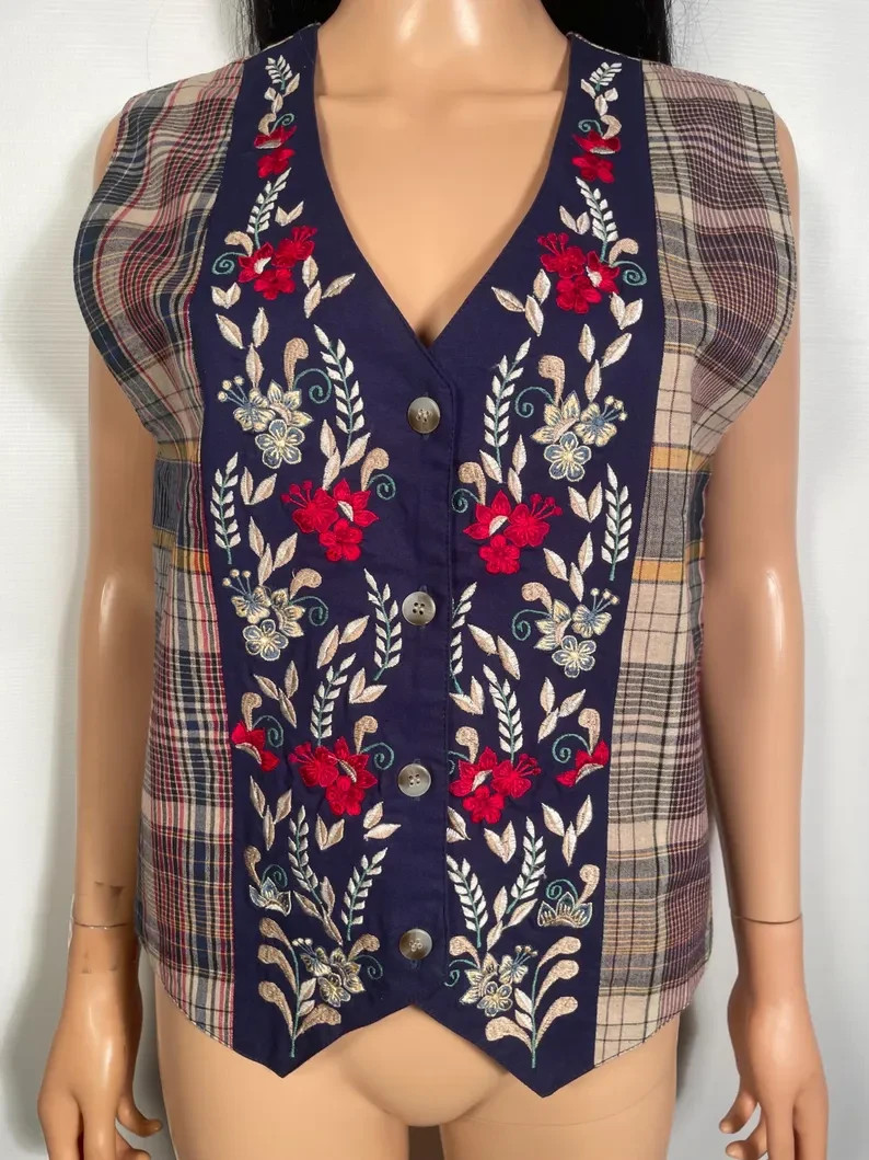 Vintage 1990s Embroidered Floral And Plaid All Cotton Vest Size M