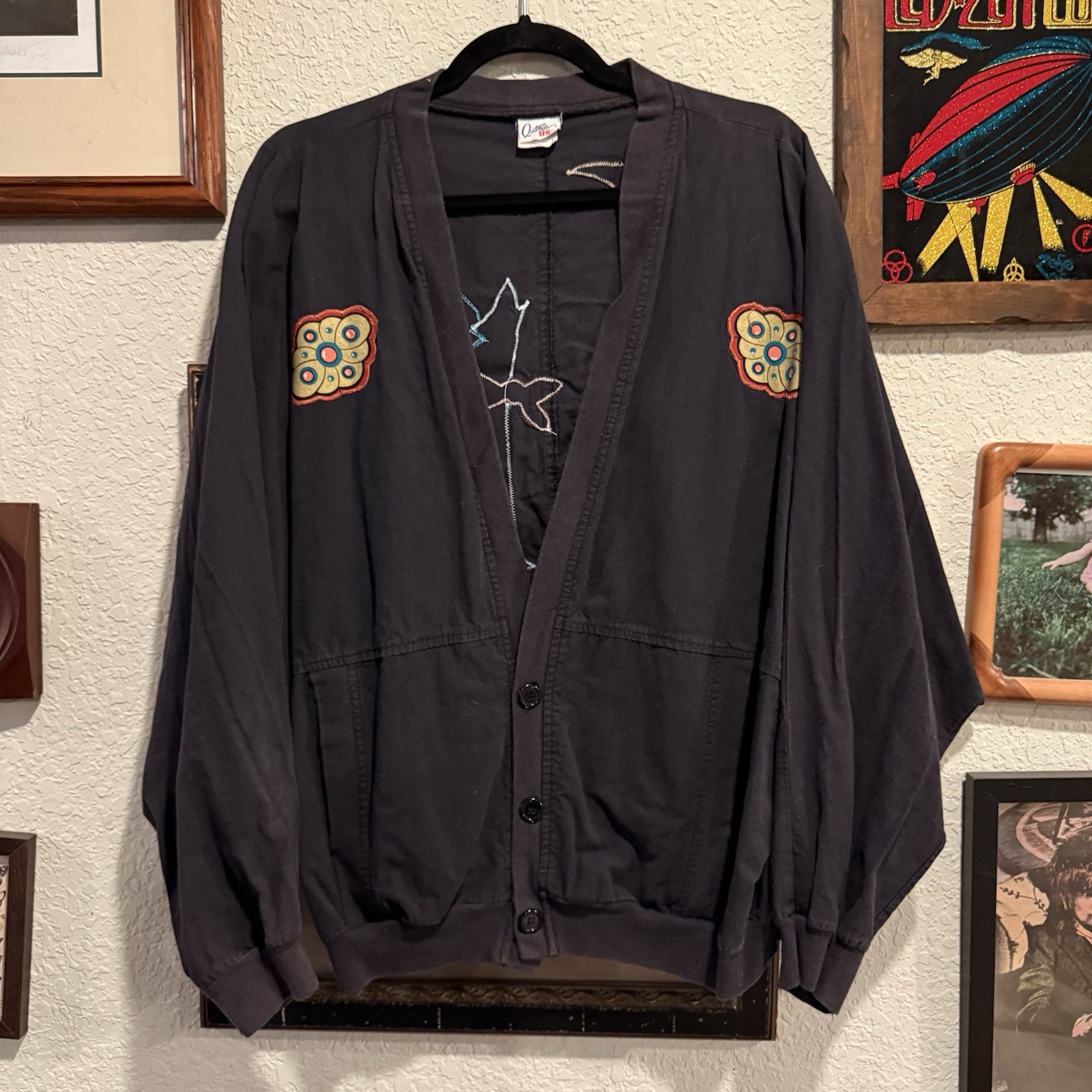 Vintage 80s Sweatshirt Cardigan Southwestern Coyote Moon Country Western Boho XL