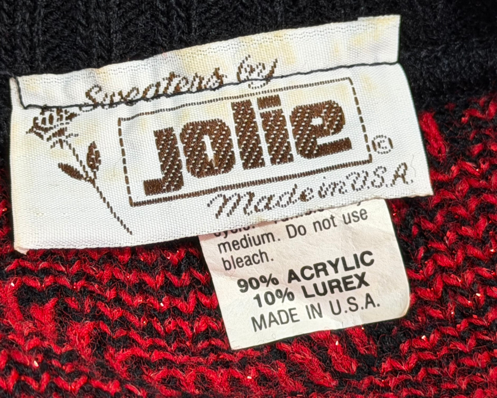 Vtg 80s Jolie Sz M-L Dropped Shoulder Sweater Acrylic-Lurex Knit Red & Black