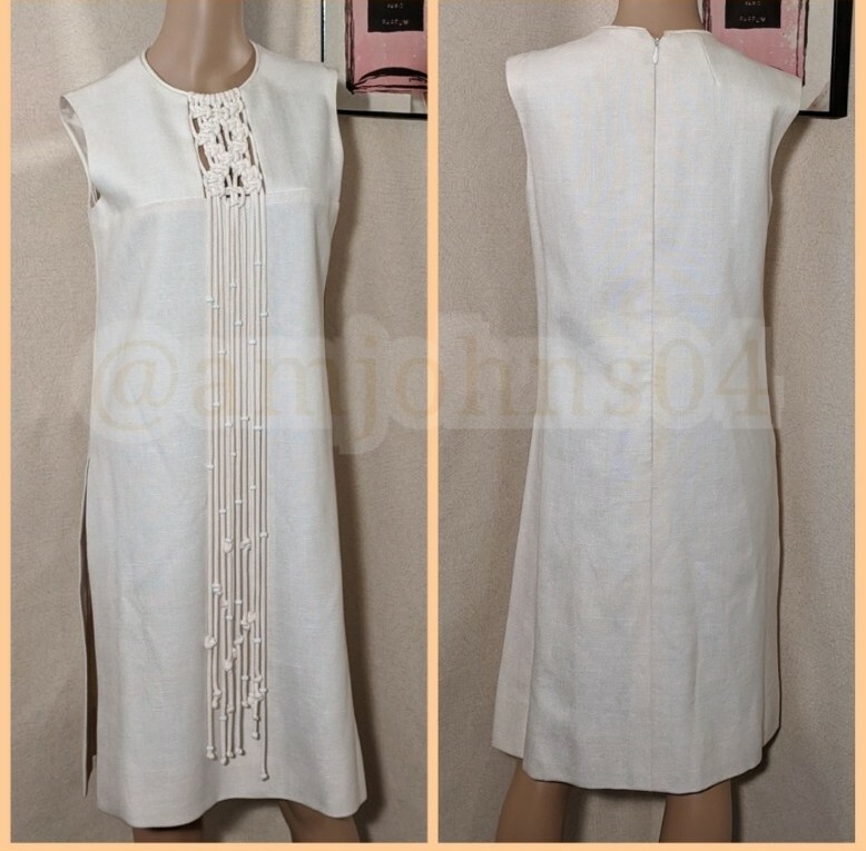 BH Wragge Vtg „71” Midi Shift Macrame Fringe Beaded Off White Midi Dress