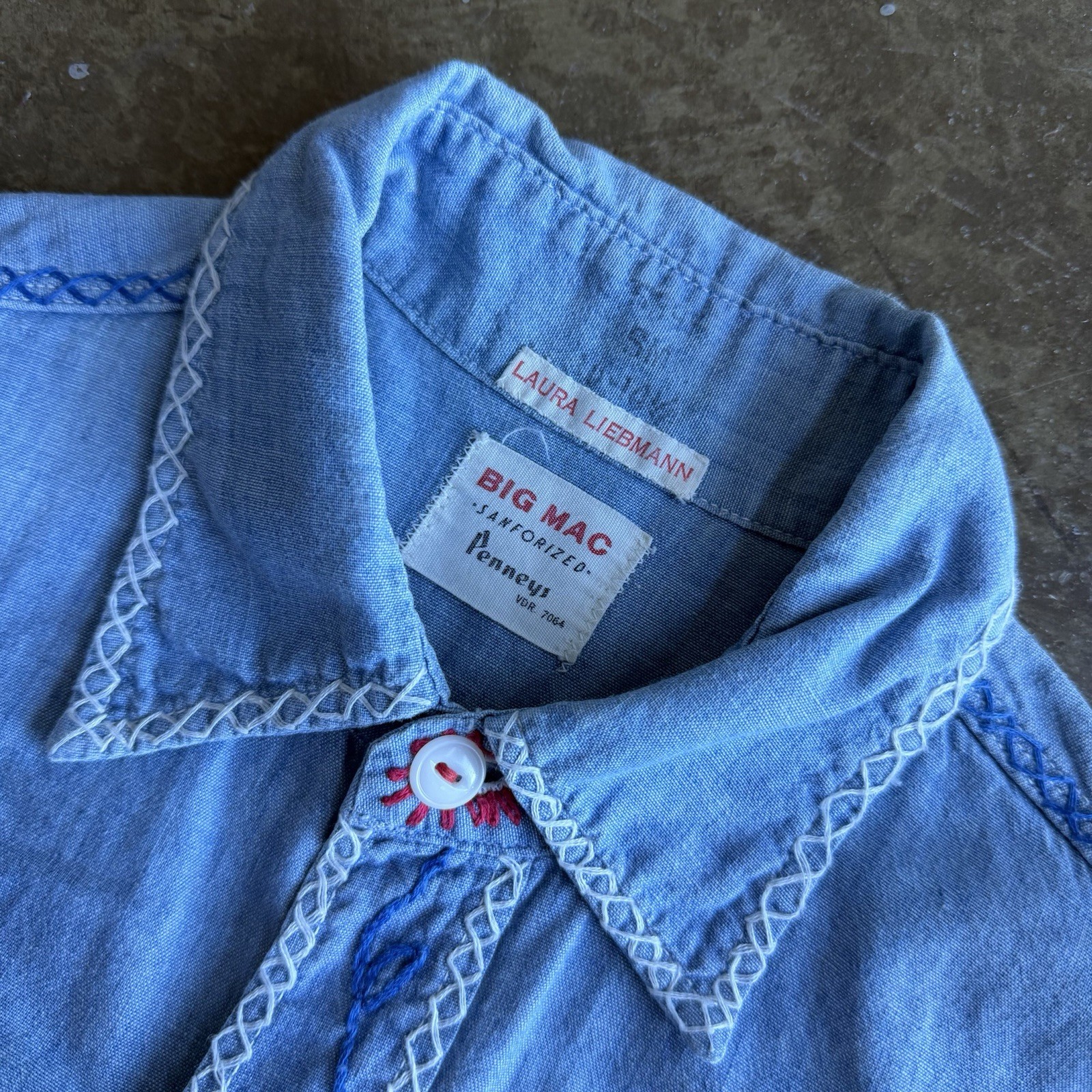 VTG 60’s Big Mac Pennys Sanforized Chambray Denim Embroidered floral Shirt