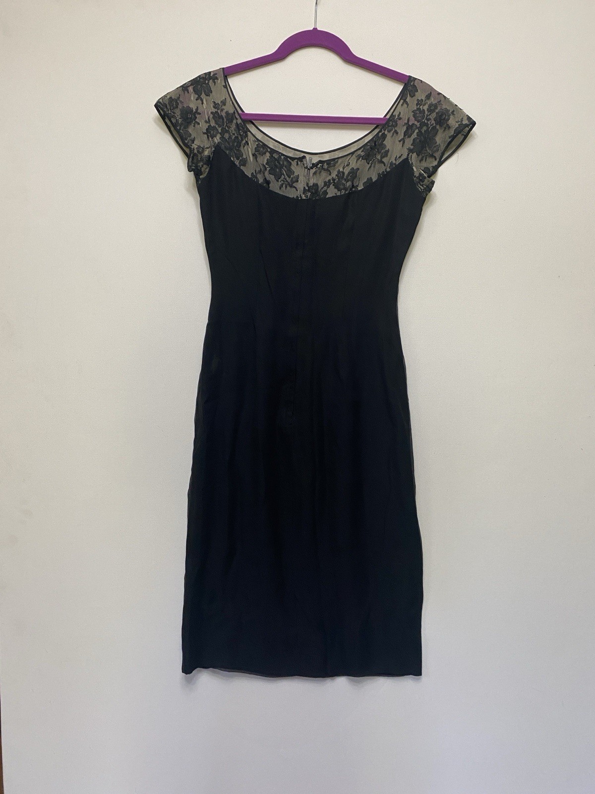 Vintage 50s XS 100% Silk Chiffon Dress Chantilly lace top Black