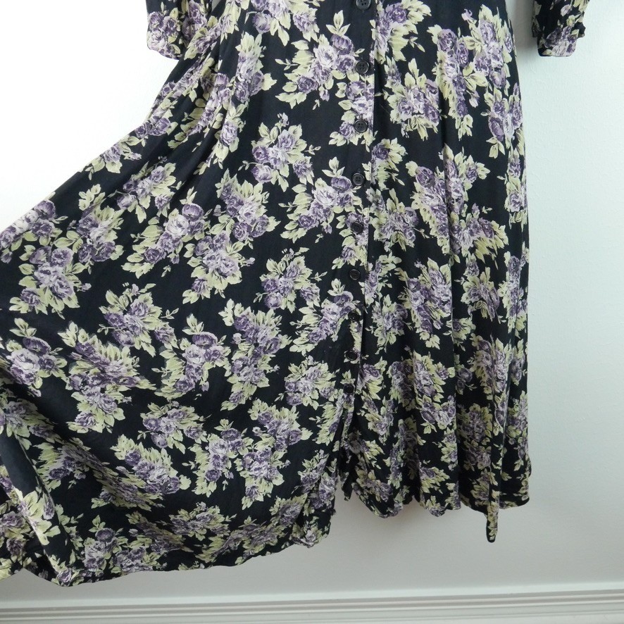 Vintage 90s Floral Midi Dress XS S Button Front Moody Floral Grunge Cottagecore