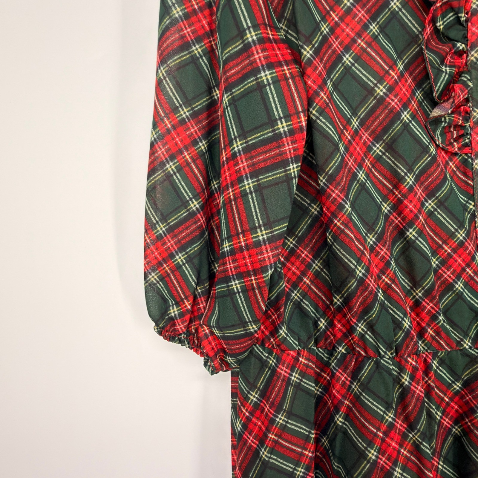 ILGWU Vintage Plaid Midi Dress Women Large Red Green Ruffle Peter Pan 70s 80s