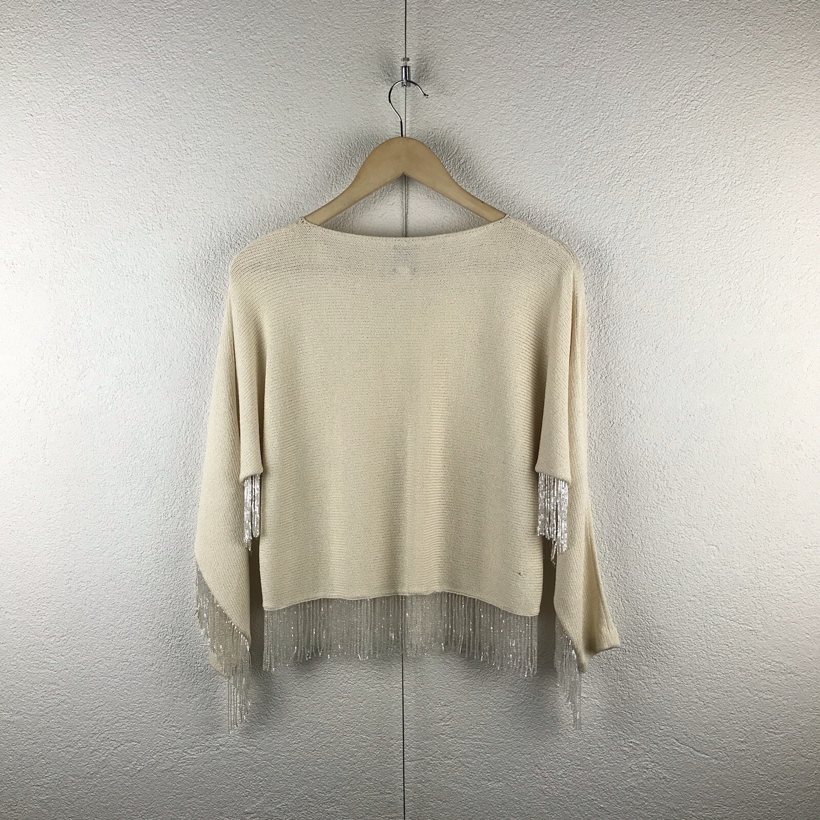 Vintage l 90s Helen HSU Santana Knit Dolman Iridescent Beads Fringe Crop Sweater
