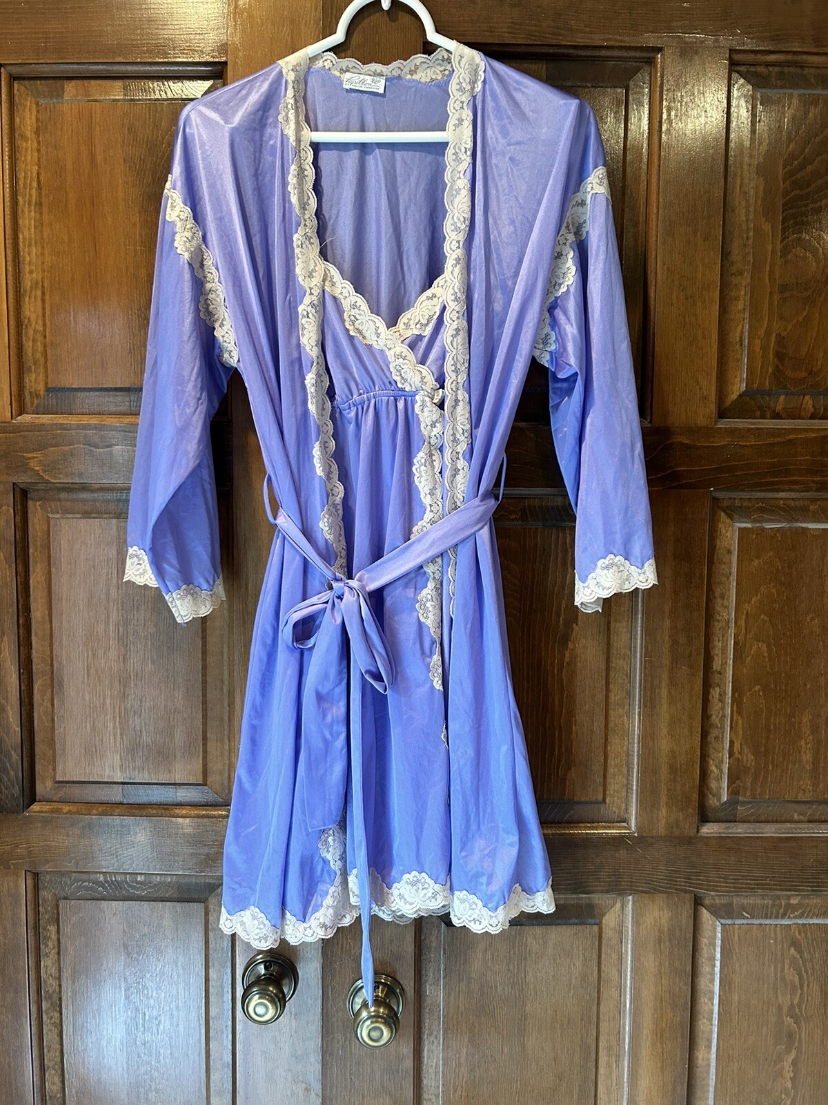 Vtg Papillon Paula Carbone Purple Satin Lace Nightgown Robe Peignoir Set 2pc