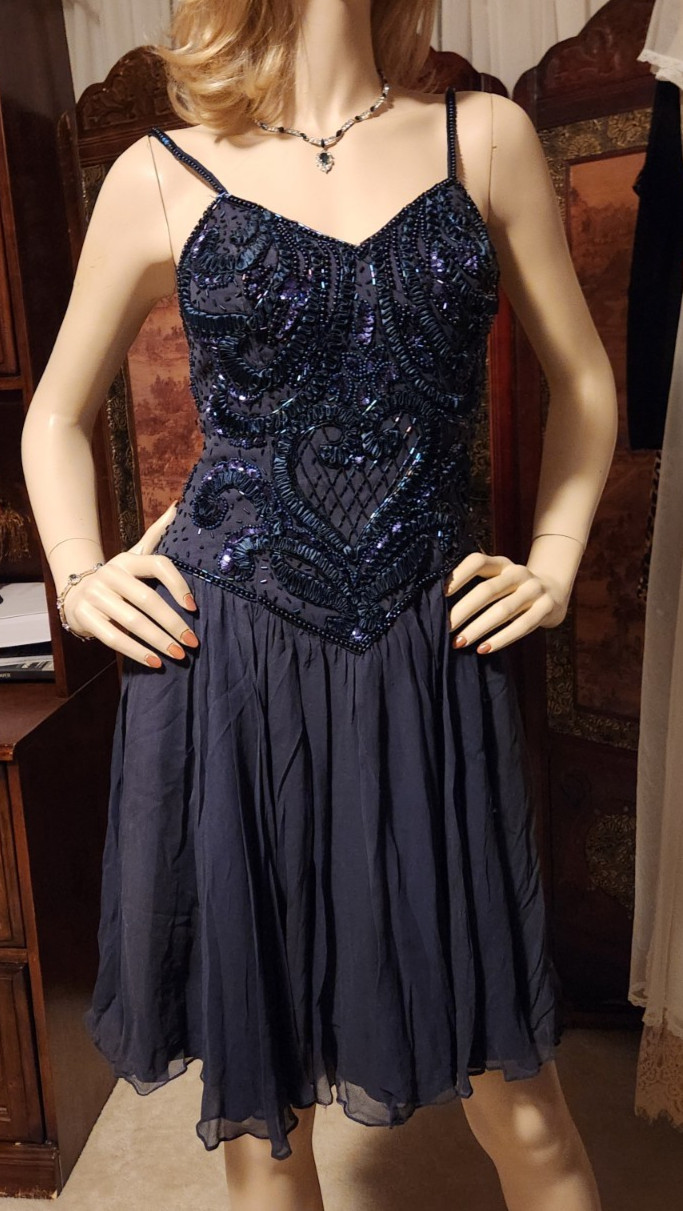 Vtg Sz S (6) Nadine Party Cocktail Dress Beaded Navy Blue Bodice Chiffon Skirt