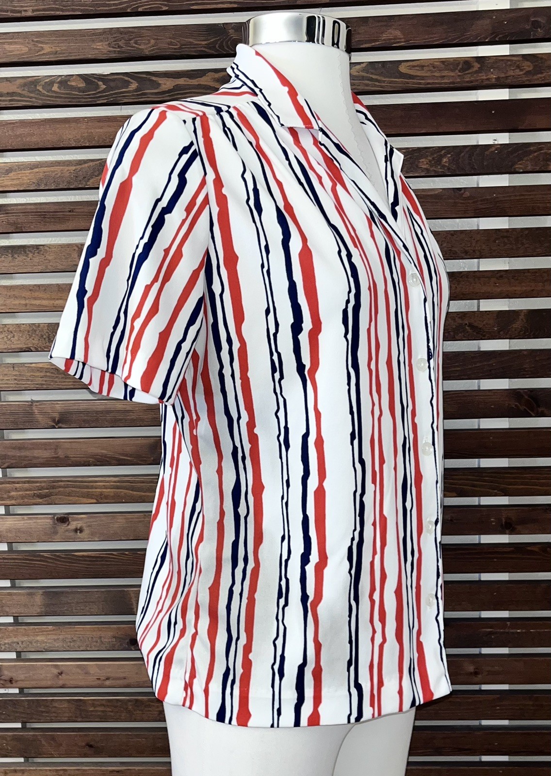 1970s 70s Vintage Red Blue White Striped Button Short Sleeve Graff Blouse Shirt