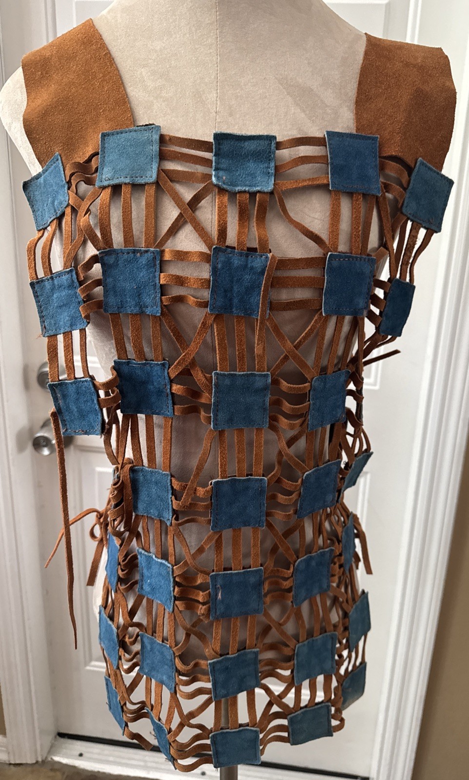 Vintage 70’s Hippie Suede Leather Cut Squares Blue & Brown Vest Made In Mexico