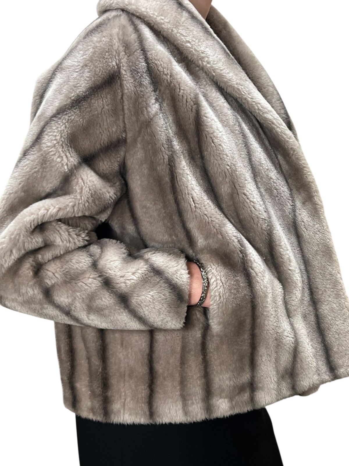 Vtg 50 60s Sz S~M~Sm L FAUX FUR Jacket Coat Silver Dark Stripe Stroller Wrap