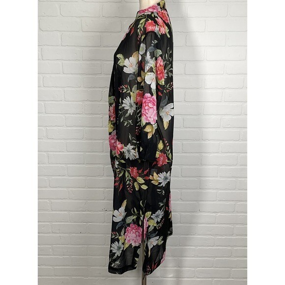 Sweet Pea Stacy Frati Duster Women L Black Floral Peony Sheer Kimono Boho Robe