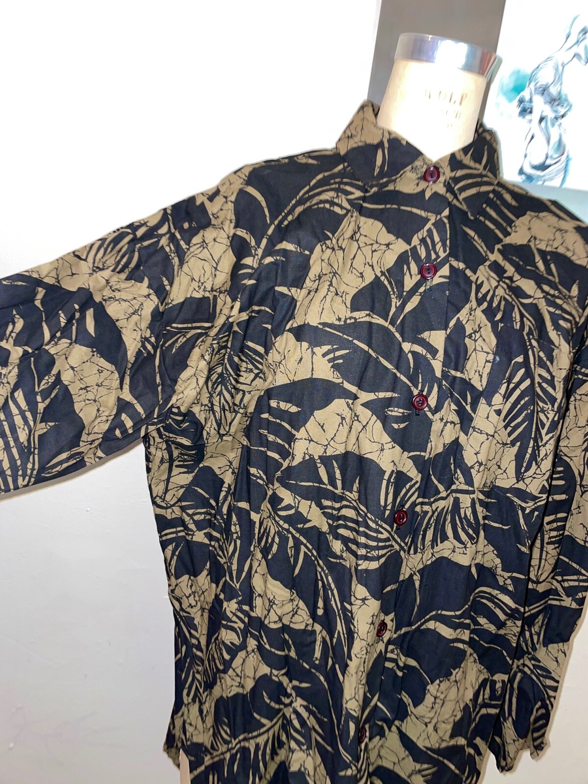 VTG 90’S BLACK&TAN COTTON PALM PRINT OVERSIZED LAGEN LOOK BUTTON UP SHIRT*M/L