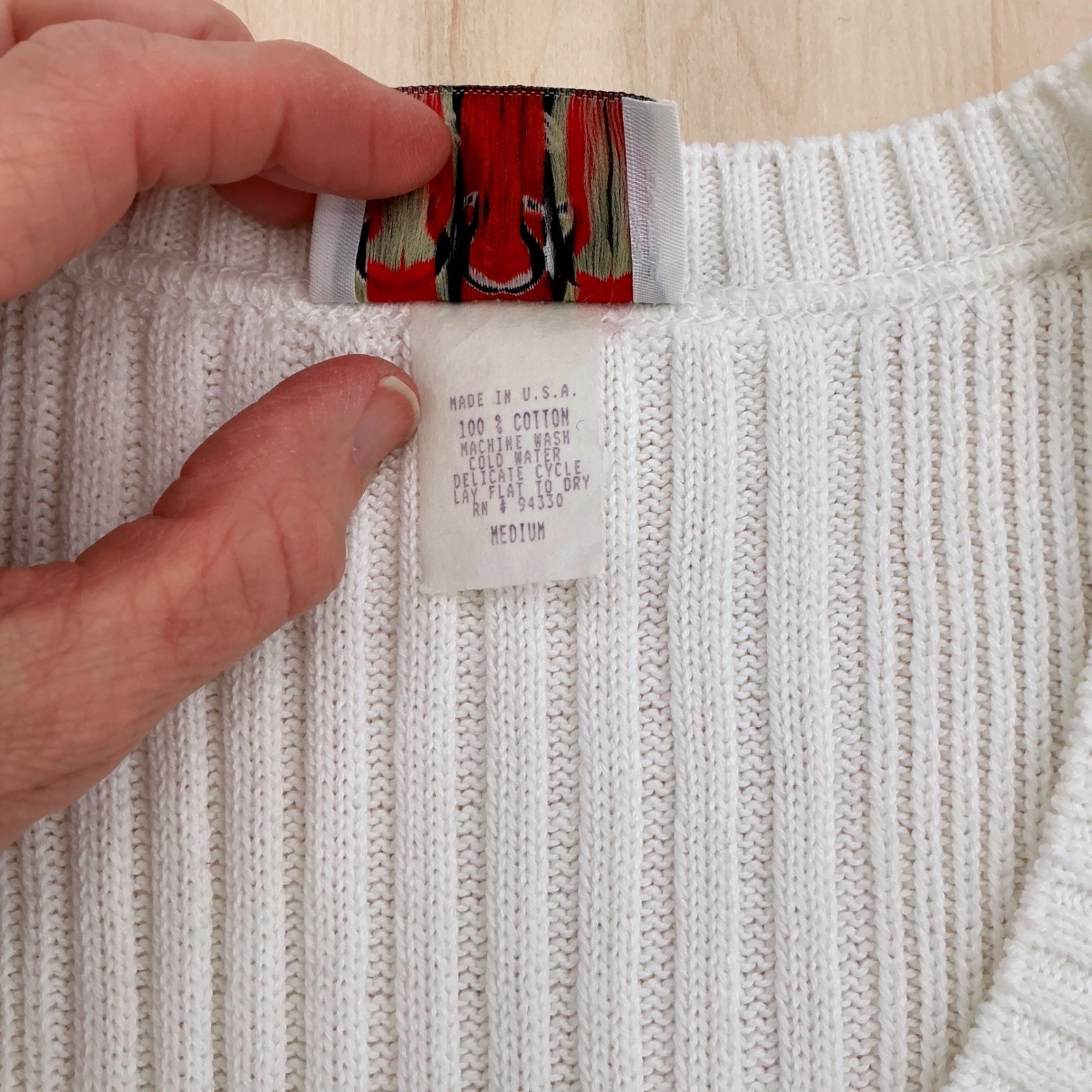 Take-Out Knit Top Womens Medium White Ribbed Cotton Scoop Neck 90s Vintage USA