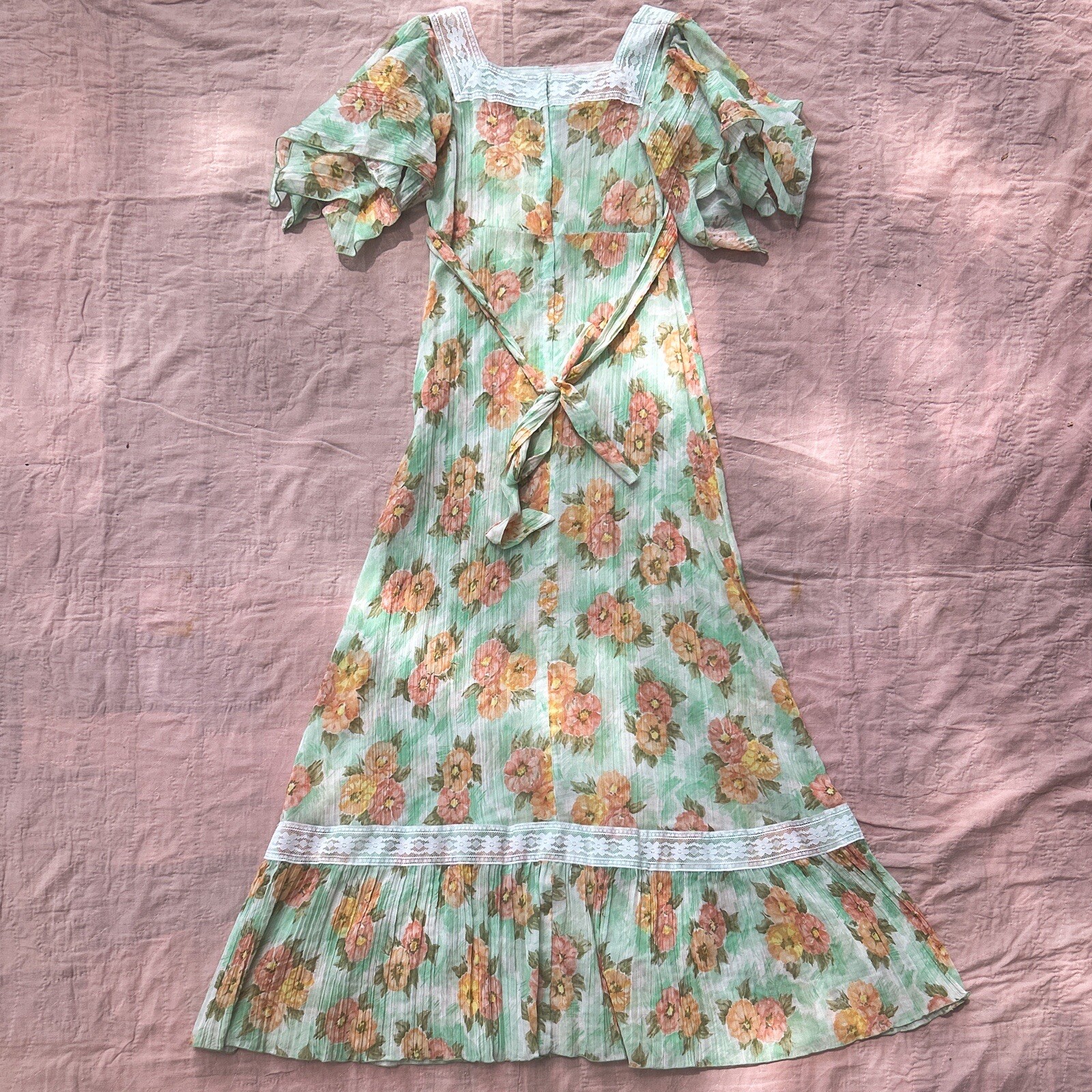 Vintage 70s Terri Rose Sheer Prarie Maxi Dress Gunne Sax Cotton Beautiful 29×55