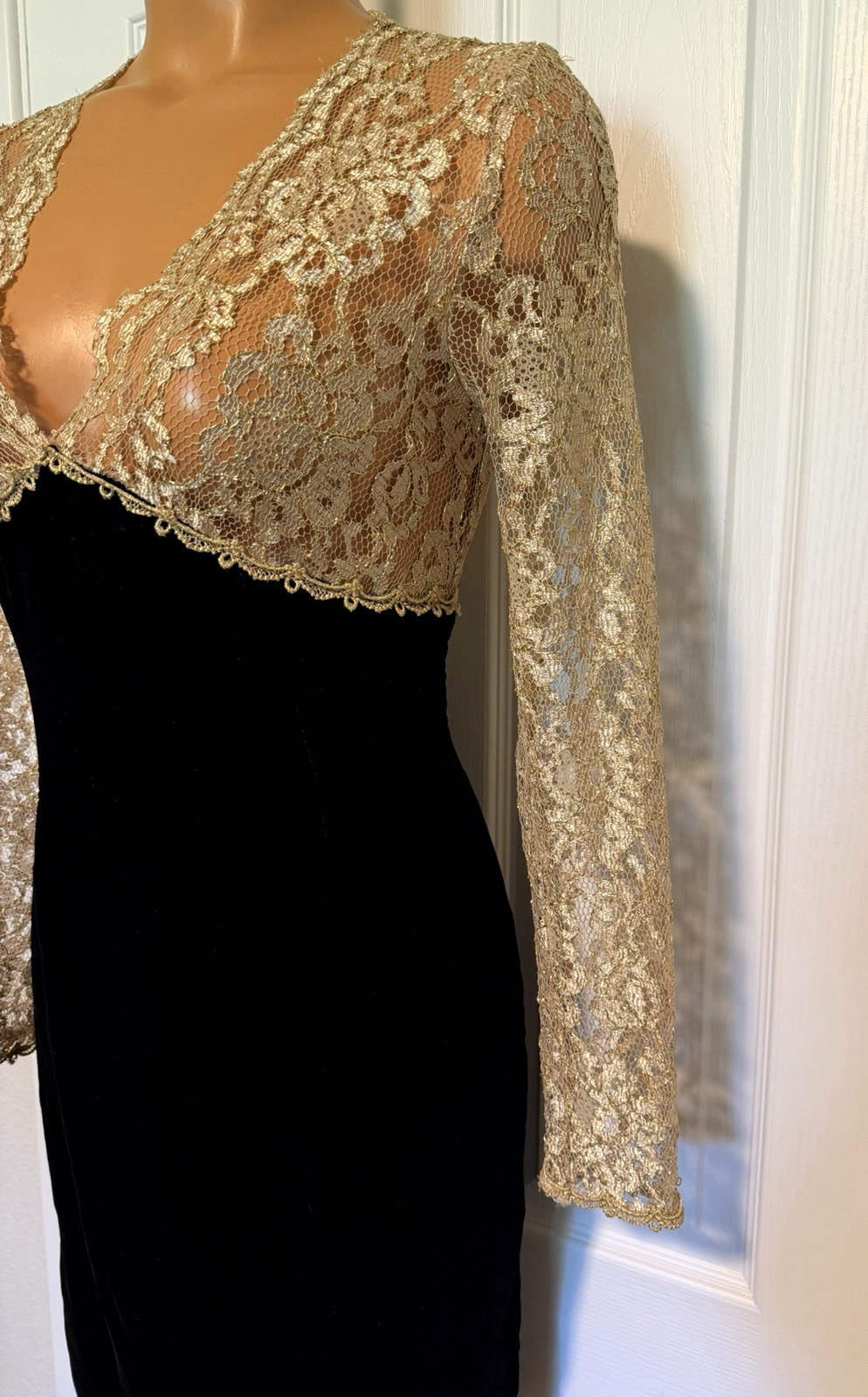 VTG 80’S SCOTT McCLINTOCK BLACK VELVET W/ METALLIC GOLD LACE DRESS SZ 4 (S)