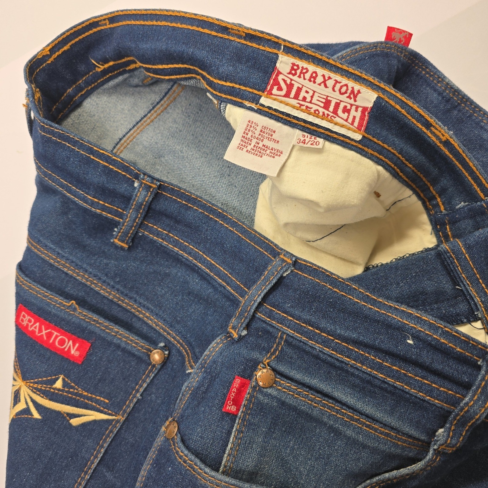 Vintage Braxton Stretch Jeans High Rise Dark Wash Embroidered Pocket 34/20