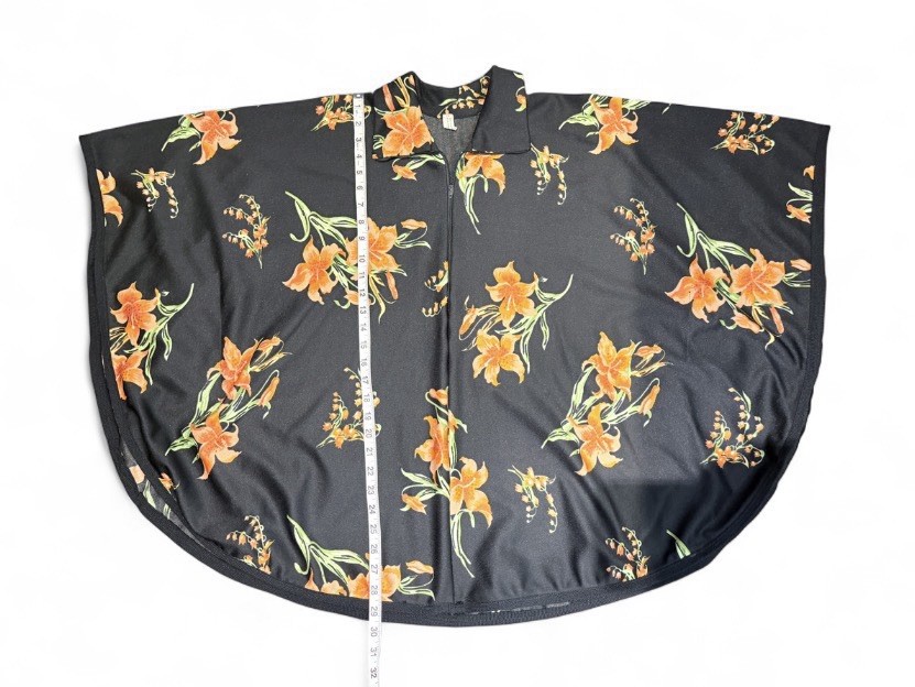 Vintage 70s Floral Smock Top OSFM Half Zip Polyester Black Orange Festival Mod