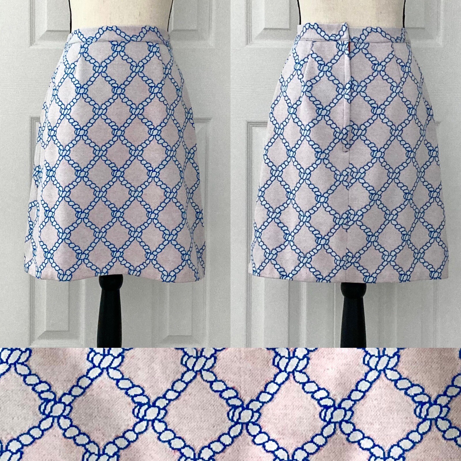 Vtg 70s Pink Skirt White Rope Print Polyester Back Zipper Size XS Waist 23.5”