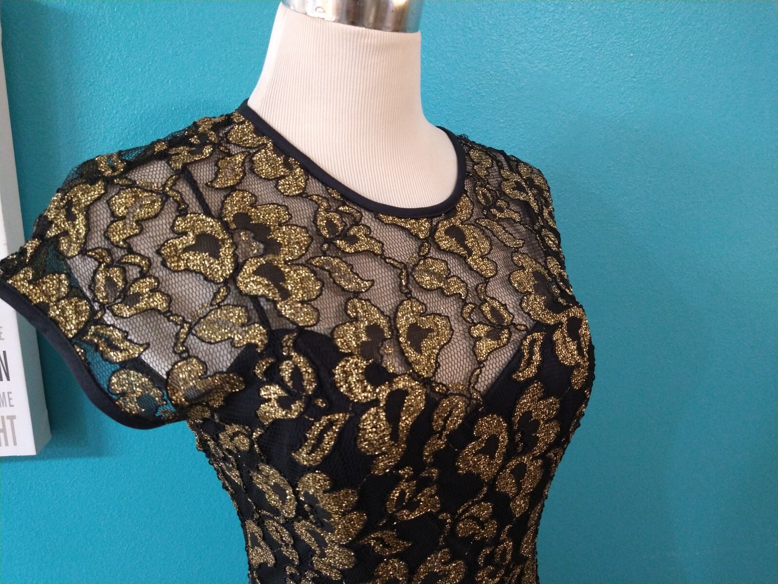 VINTAGE Tiered Party Dress Sheer Gold and Black Lace Floral Late Edition Ltd.