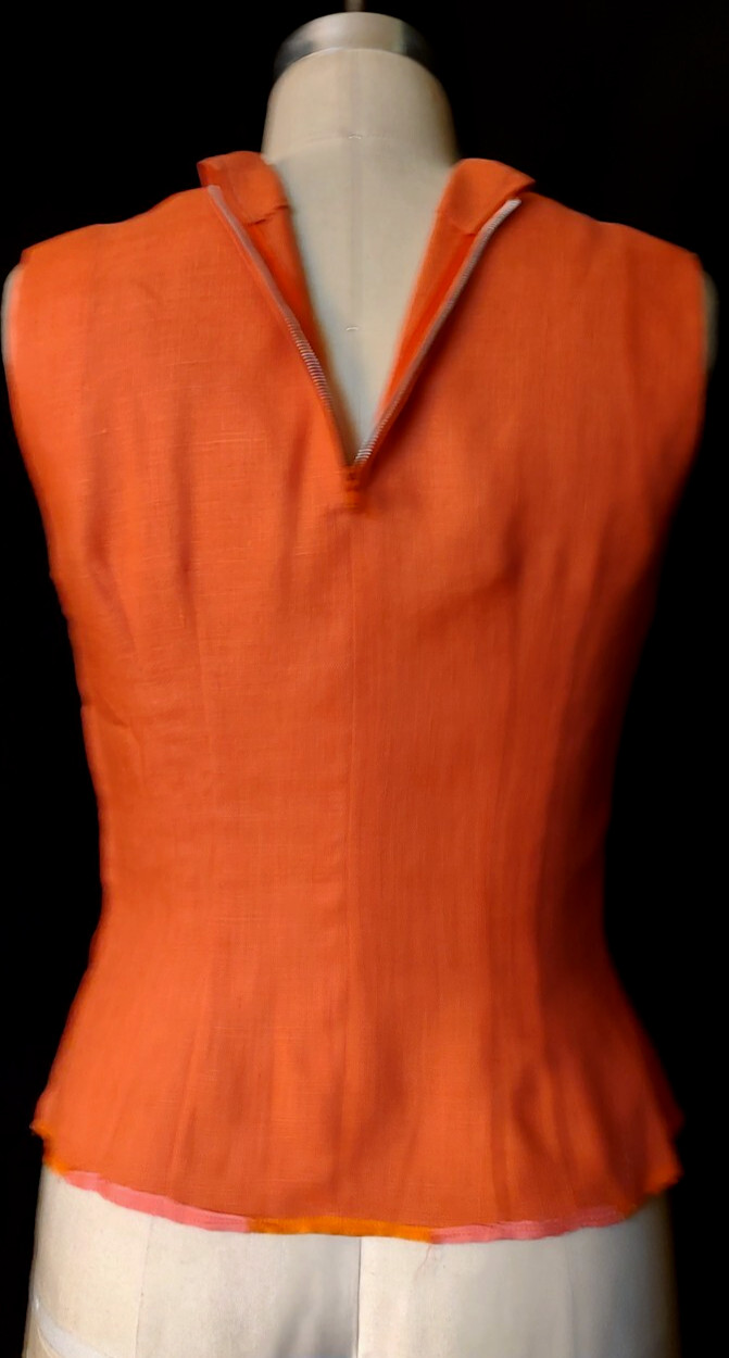Vtg 1960s MCM Women’s SLEEVELESS, PURE LINEN TOP in SALMON / CORAL