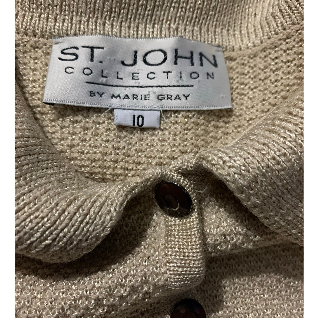 St. John Beige Knit Button Down Collared Top SZ 10