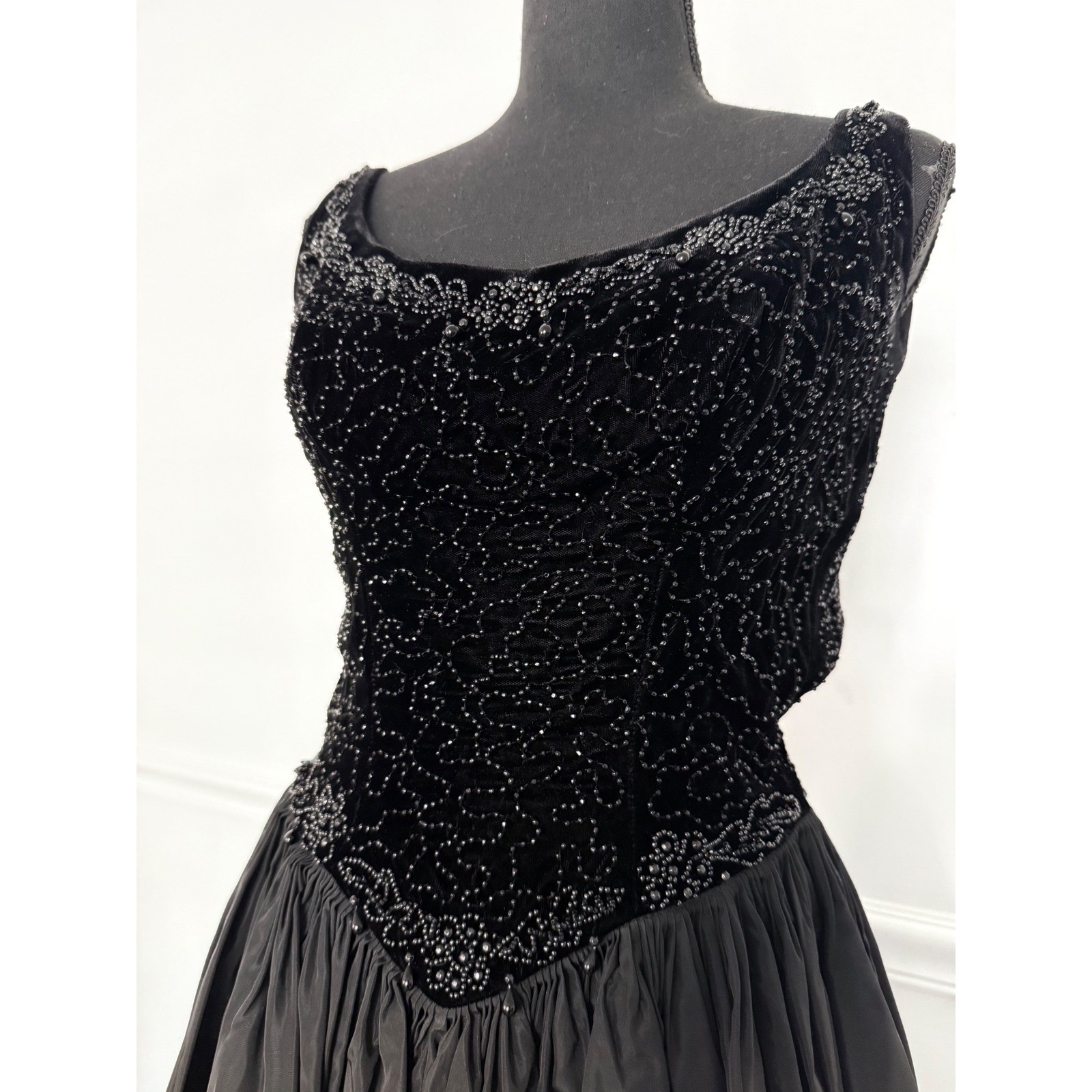 Gothic glam Black Velvet taffeta Midi Dress Whimsigoth Beaded Basque waist XS/S