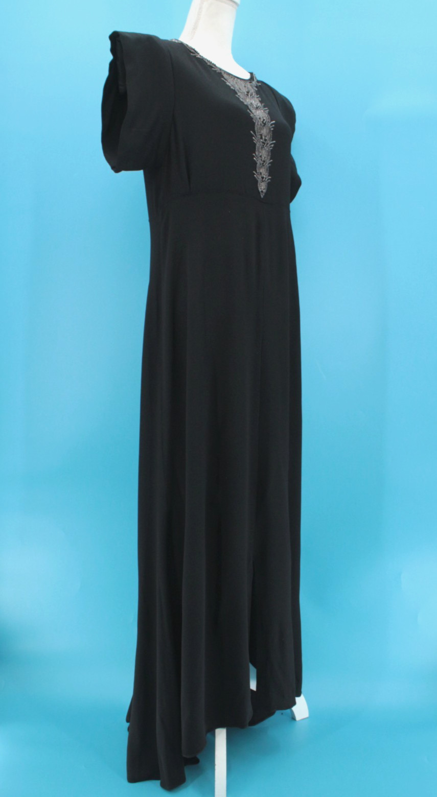 VTG Women’s 30s Black Rayon Beaded Front Maxi Dress / Gown Sz S/M 1930s