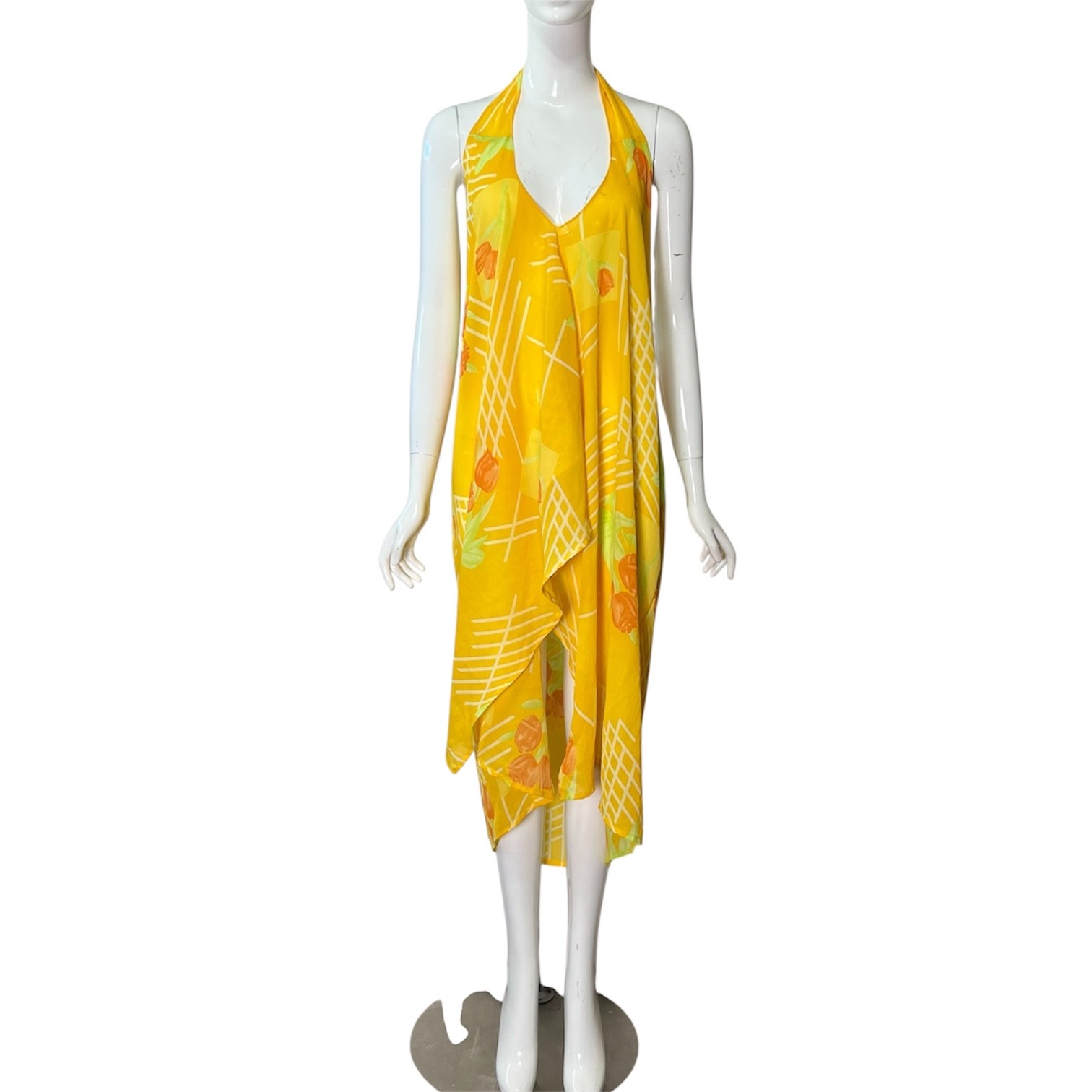 Vintage Yellow Sheer Halter Dress Sz Med Handkerchief Hem Tropical Plunging Back