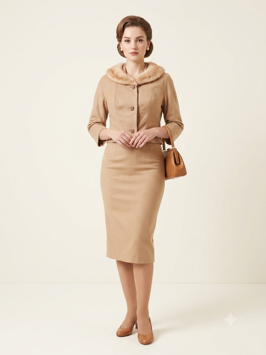 1950’s 60s Cropped Camel Wool Evening Jacket Mink Fur Collar Bracelet Sleeves M