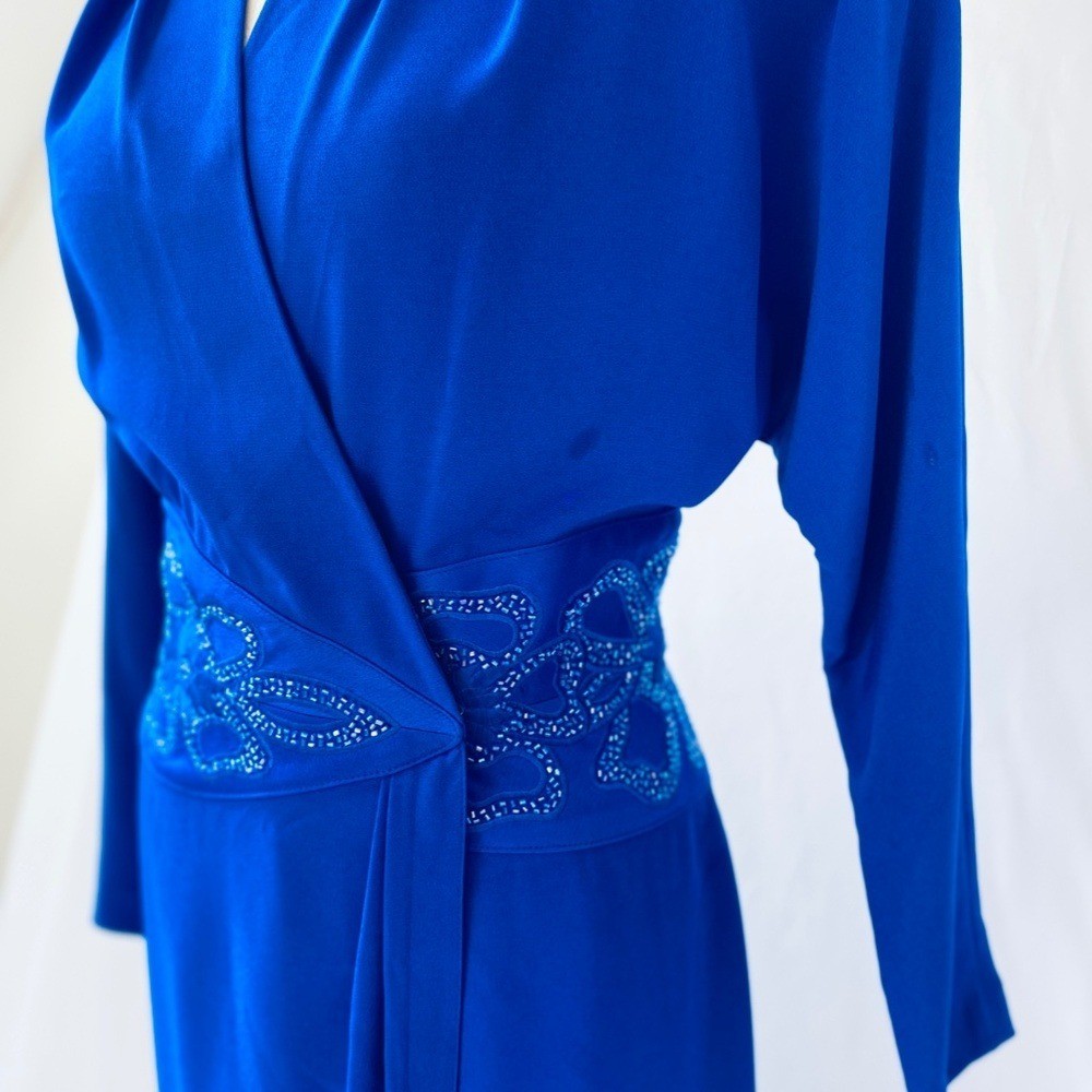 Vintage 80’s Daymor Couture Blue Wrap Style Dress with Beaded Embellishments S