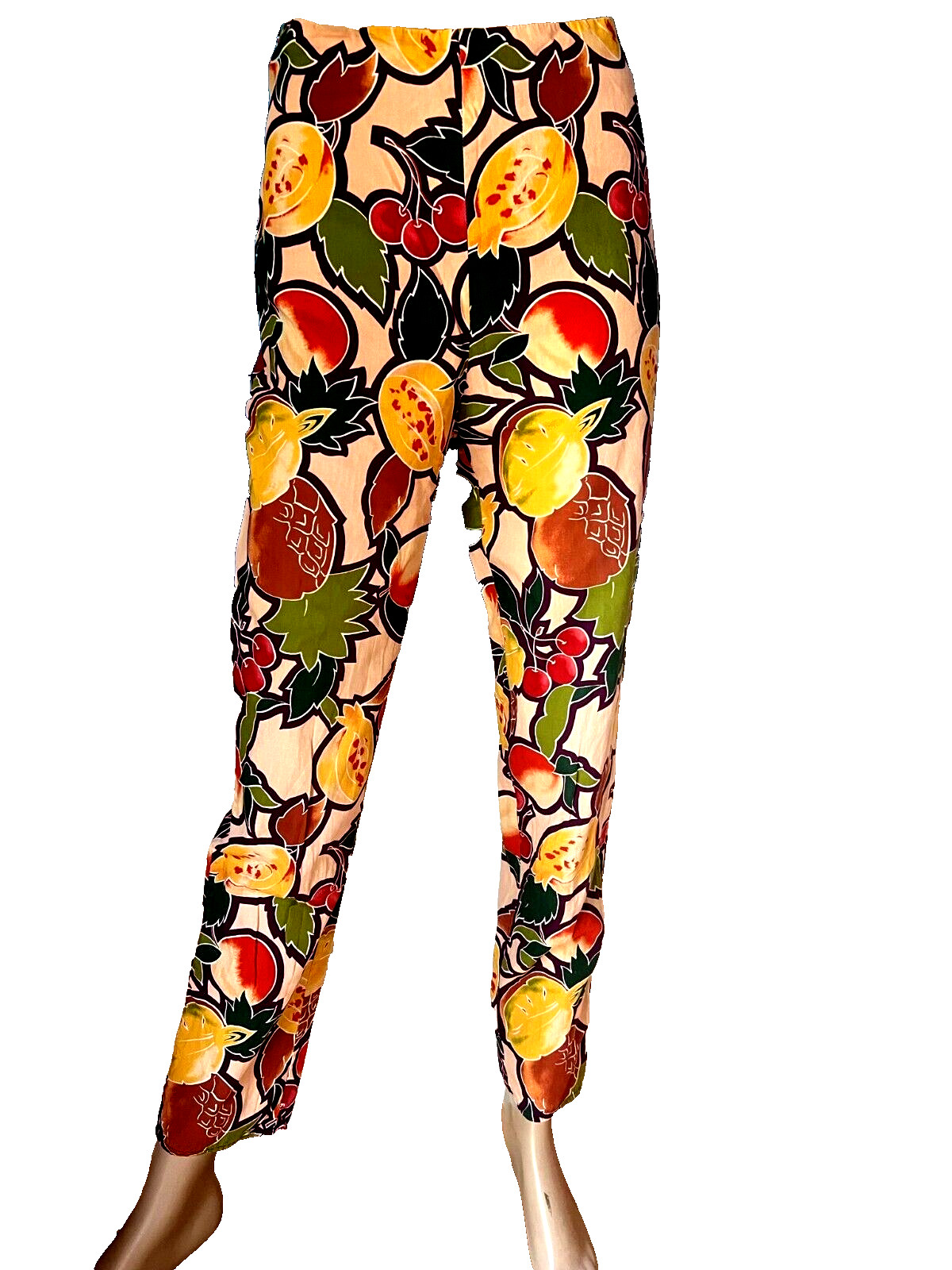 Vintage 1950s Cherry Print Cotton Pencil Pants S Fruit Pattern Crop Pant