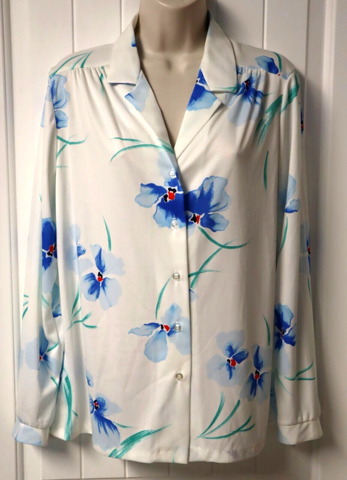 Vintage 70s ECCOBAY long sleeve blue floral white button up blouse size 13-14