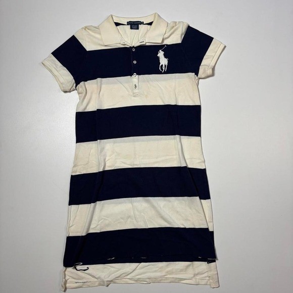 Vintage 90’s Cream & Navy Ralph Lauren Striped Big Pony Polo Dress – XL