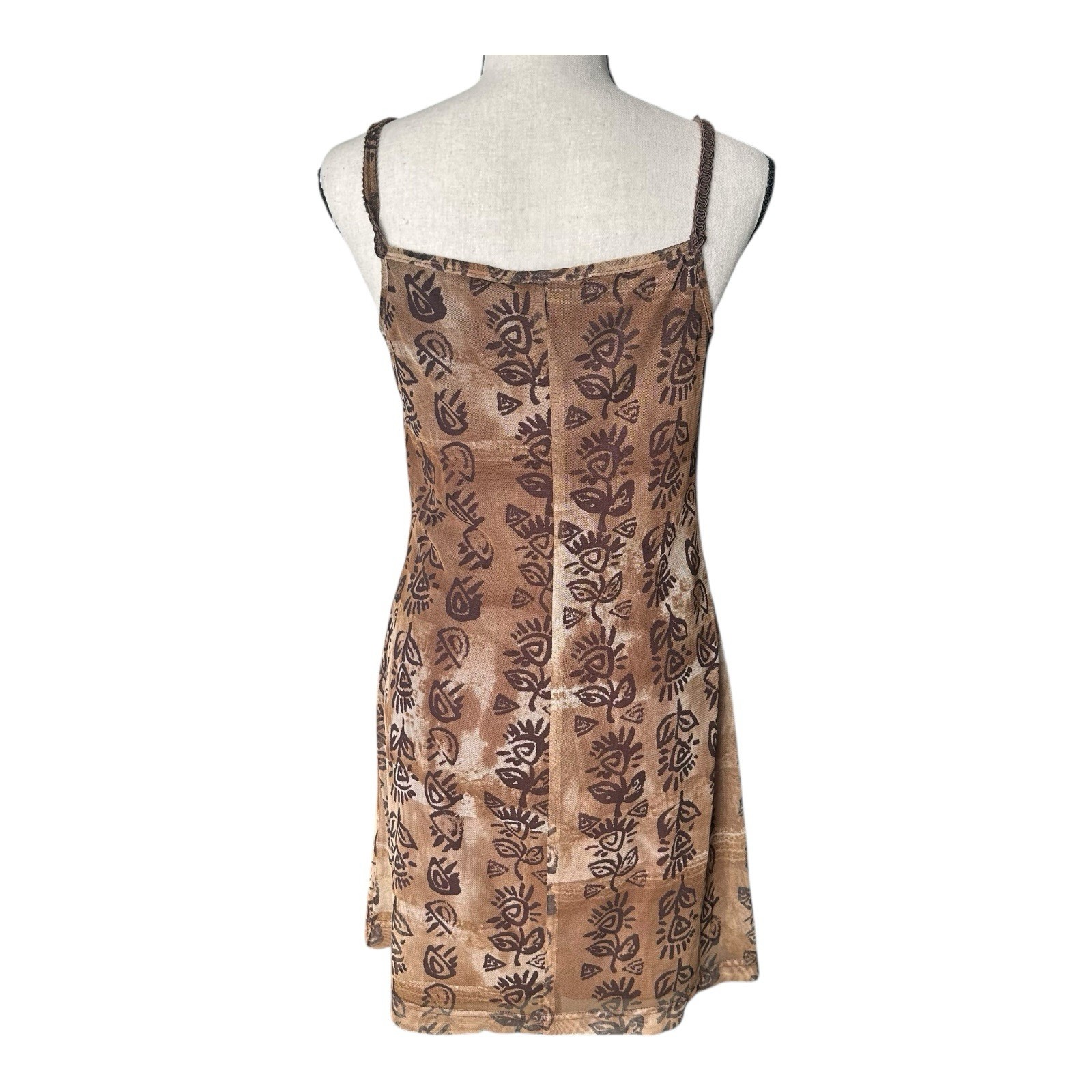 Vintage 5.7.9 Jody of California Mini Dress Brown Tribal Print Mesh Small USA