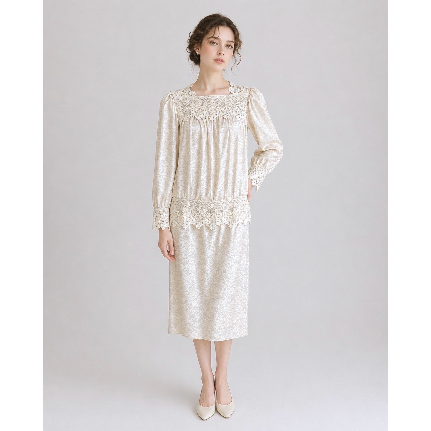 Cachet Bari Protas Floral Damask Lace Drop Waist Dress Womens 12 Cream Ivory 80s