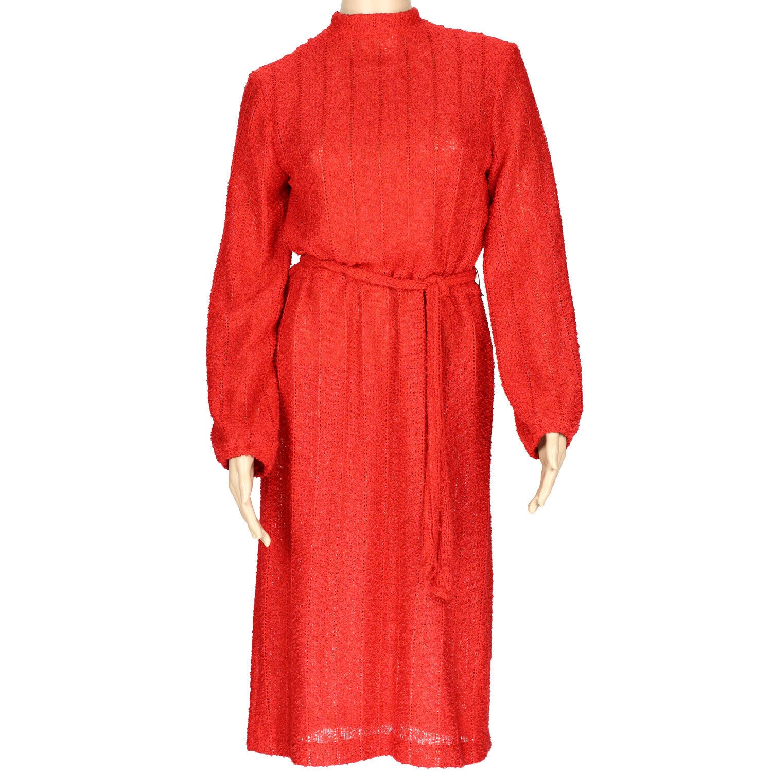 70s Vintage Dress Boucle Crochet Knit Long Sleeve Union Label Red Valentine 10 M