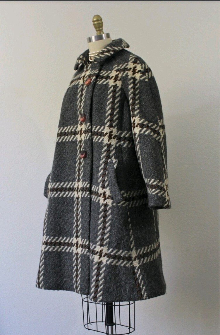 1950s VTG FAIRBROOKE Gray + Multi Color Plaid Wool Trapeze Button Down Car Coat