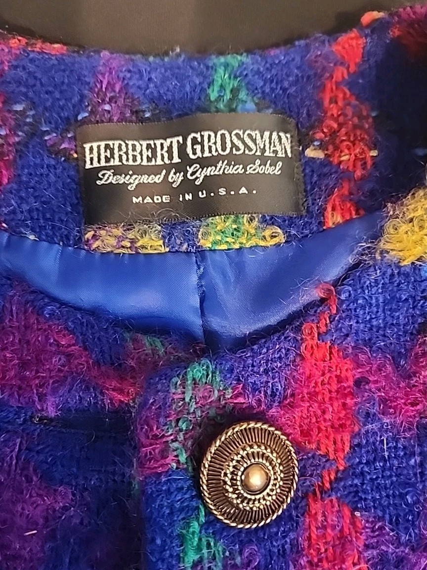 Vintage Herbert Grossman Colorful Plaid Mohair Wool Blazer Size 12 USA