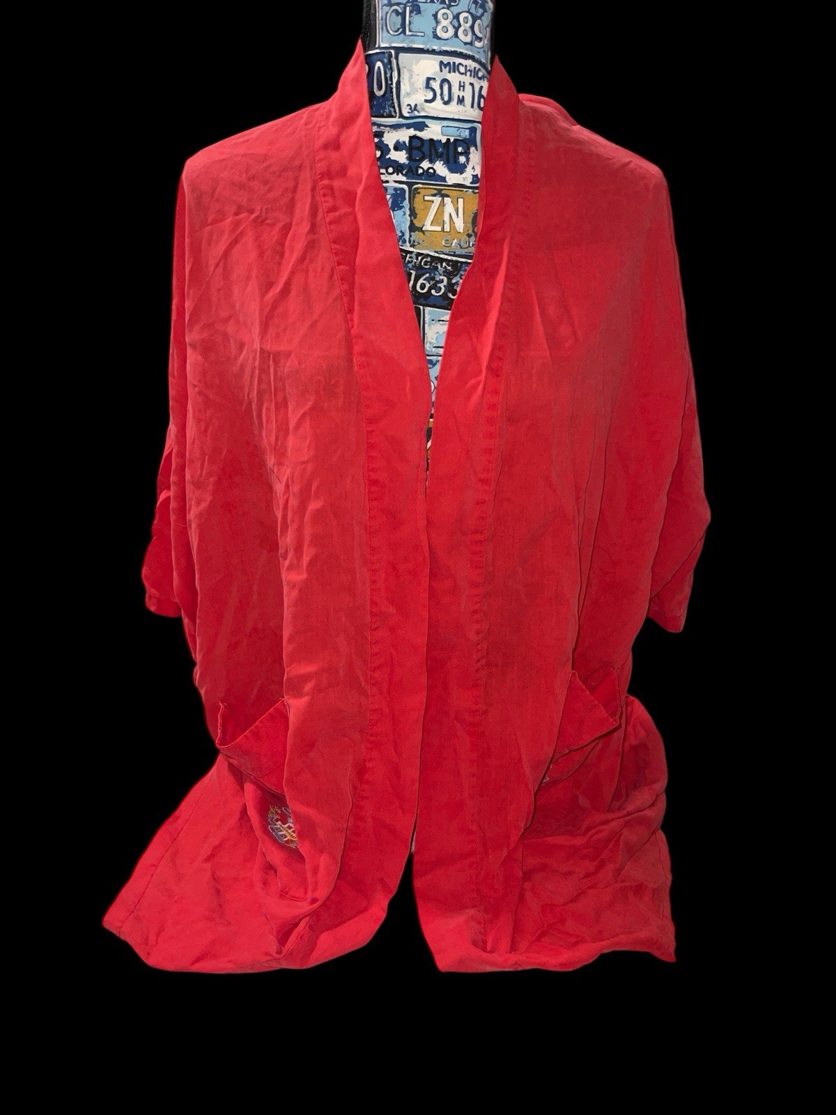 Vintage Red Embroidered Kimono Robe Asian Silk Style Lounge Boho Festival
