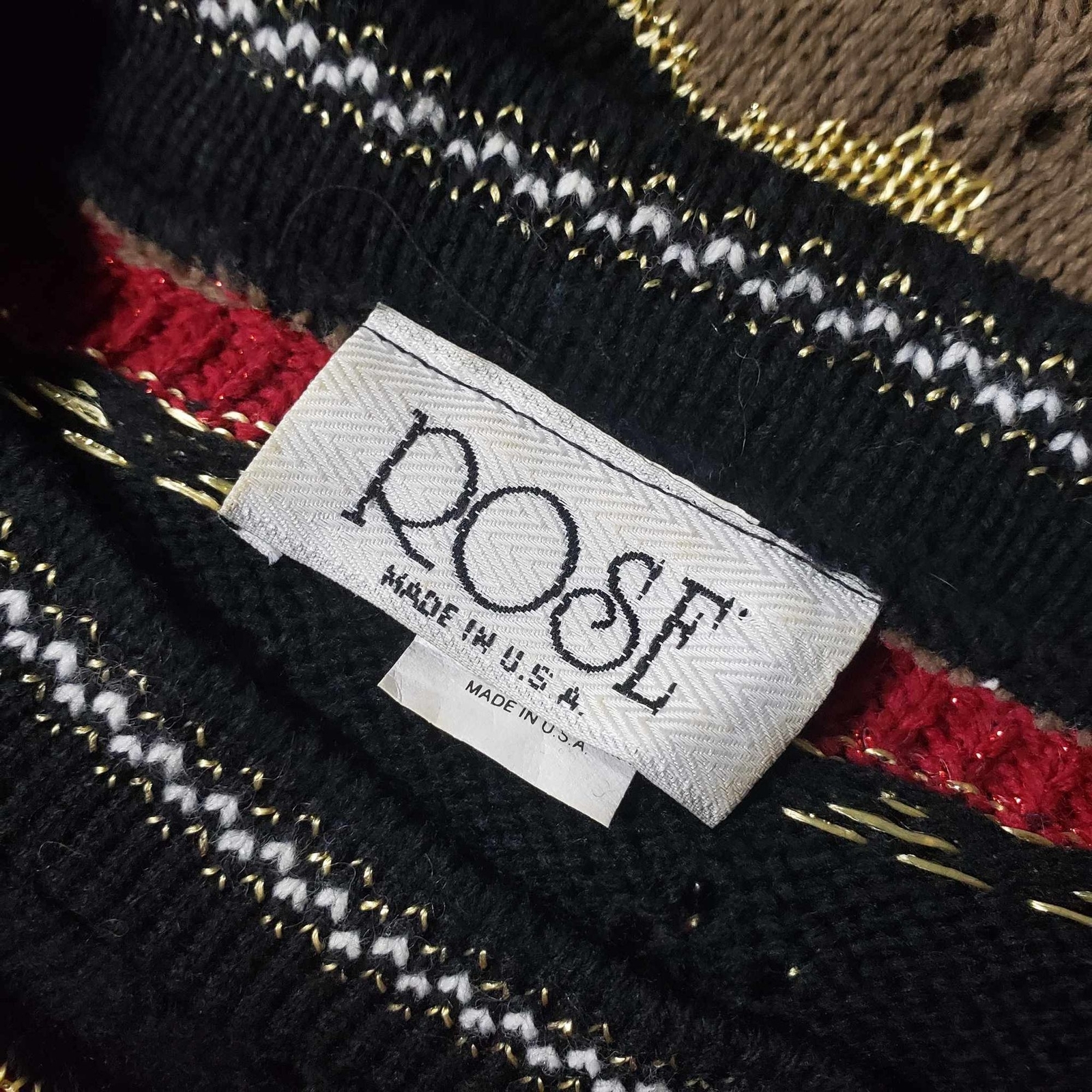 Rose Vintage *Large Black Metallic Gold Red Open Weave Knit Acrylic Blnd Sweater