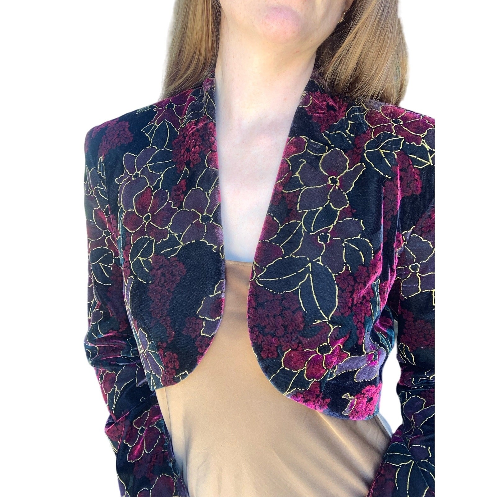 Vintage Velvet Floral CDC Evening Bolero Jacket Womens M 90s Party Cropped