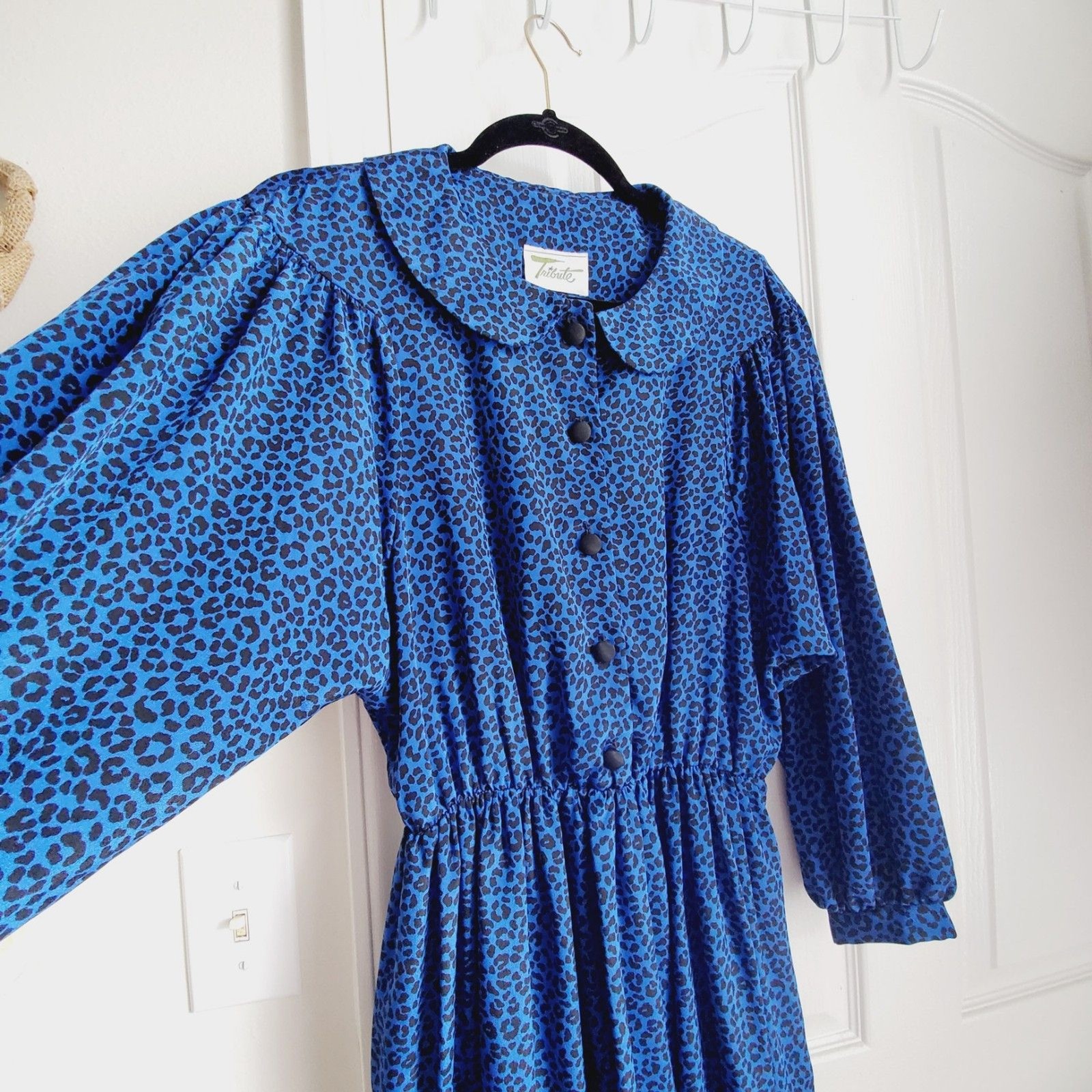 Vintage Tribute Blue Animal Print Dress Elastic Waist Long Sleeve Size M GUC