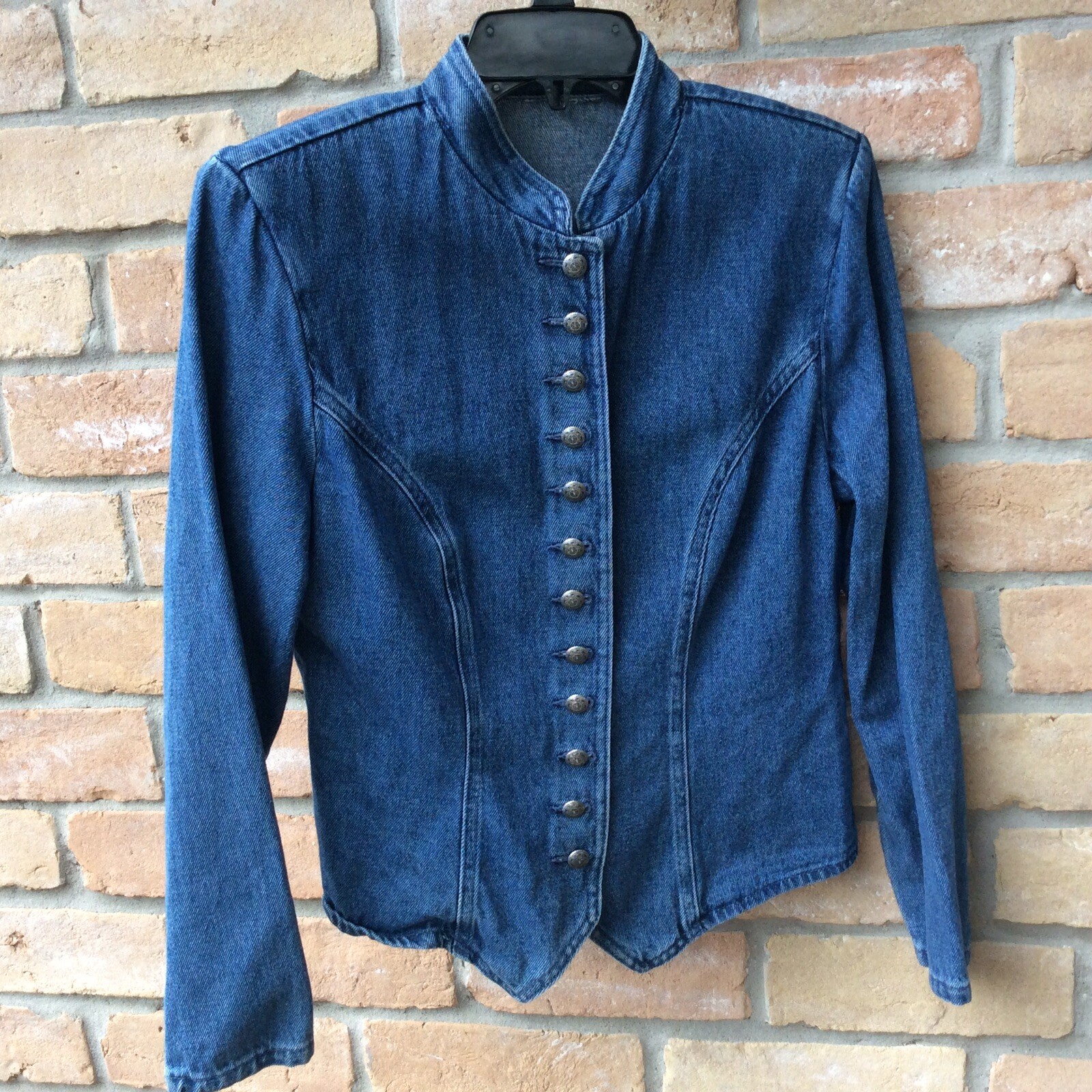 VTG 80s Blue Denim Military Look Jacket Womens Sz S? Shoulder Pads Buttons